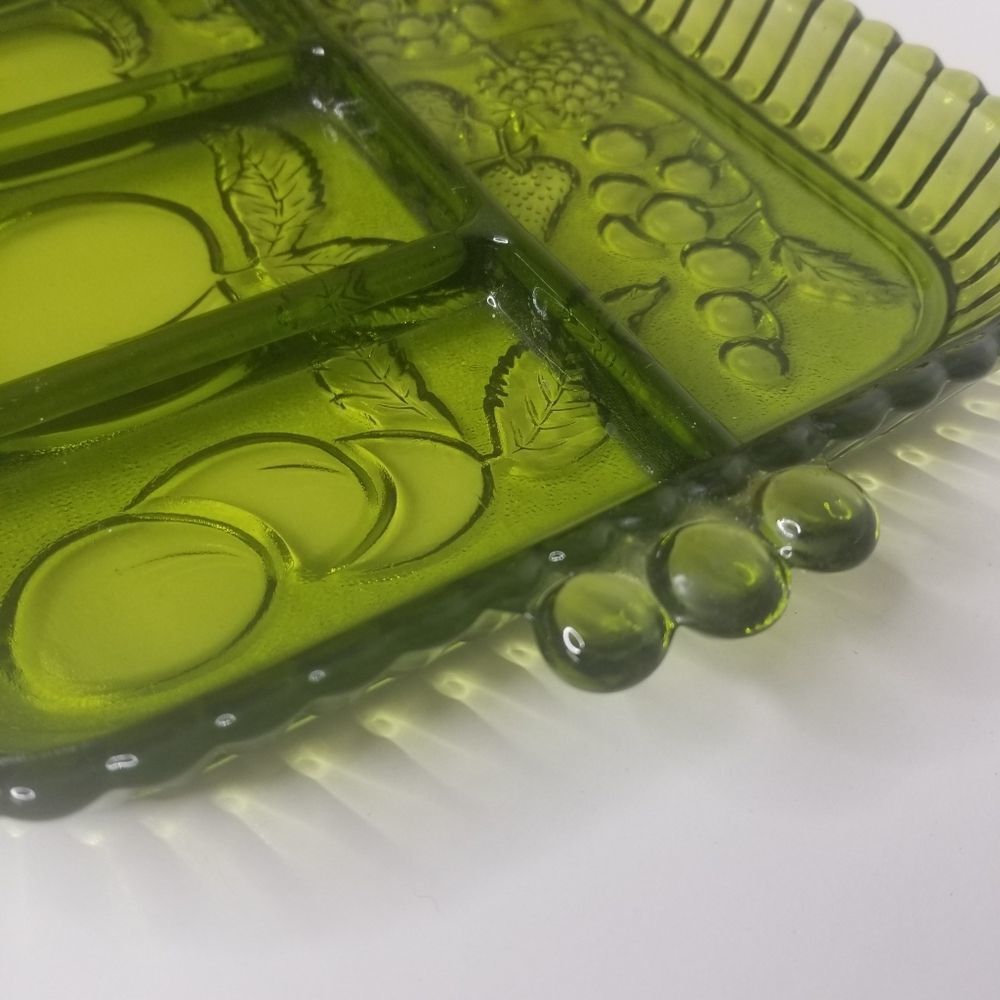 Vintage Indiana Glass Green Divided 5 Part Relish Serving Tray Fruit Olive - Picture 3 of 9